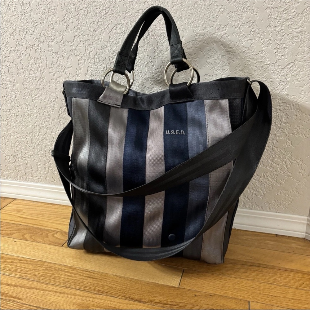 Vintage Handbag Purse Recycled Seatbelts by U.S.E.D.  Brand Blue Grey Tote